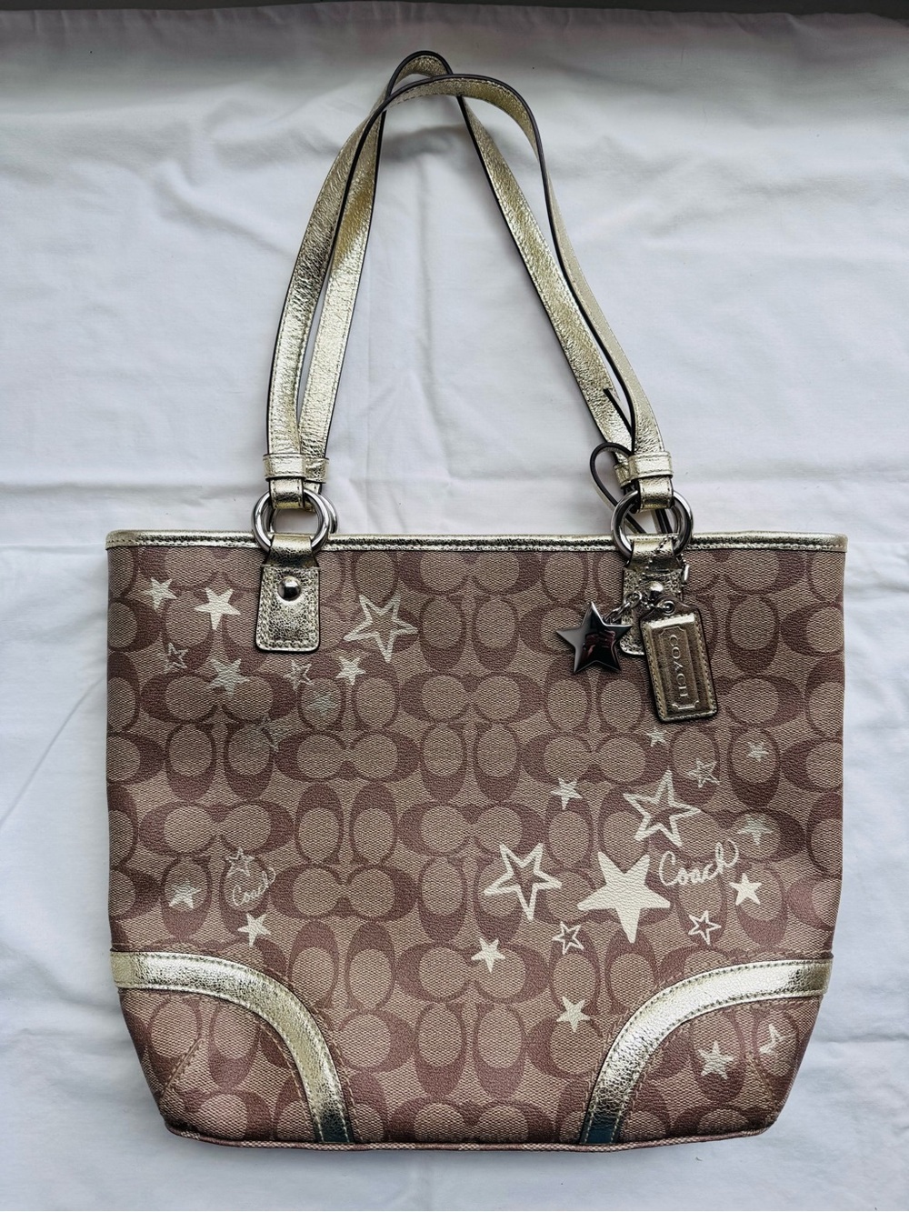 Coach Taupe Signature Tote with Metallic Gold Accents